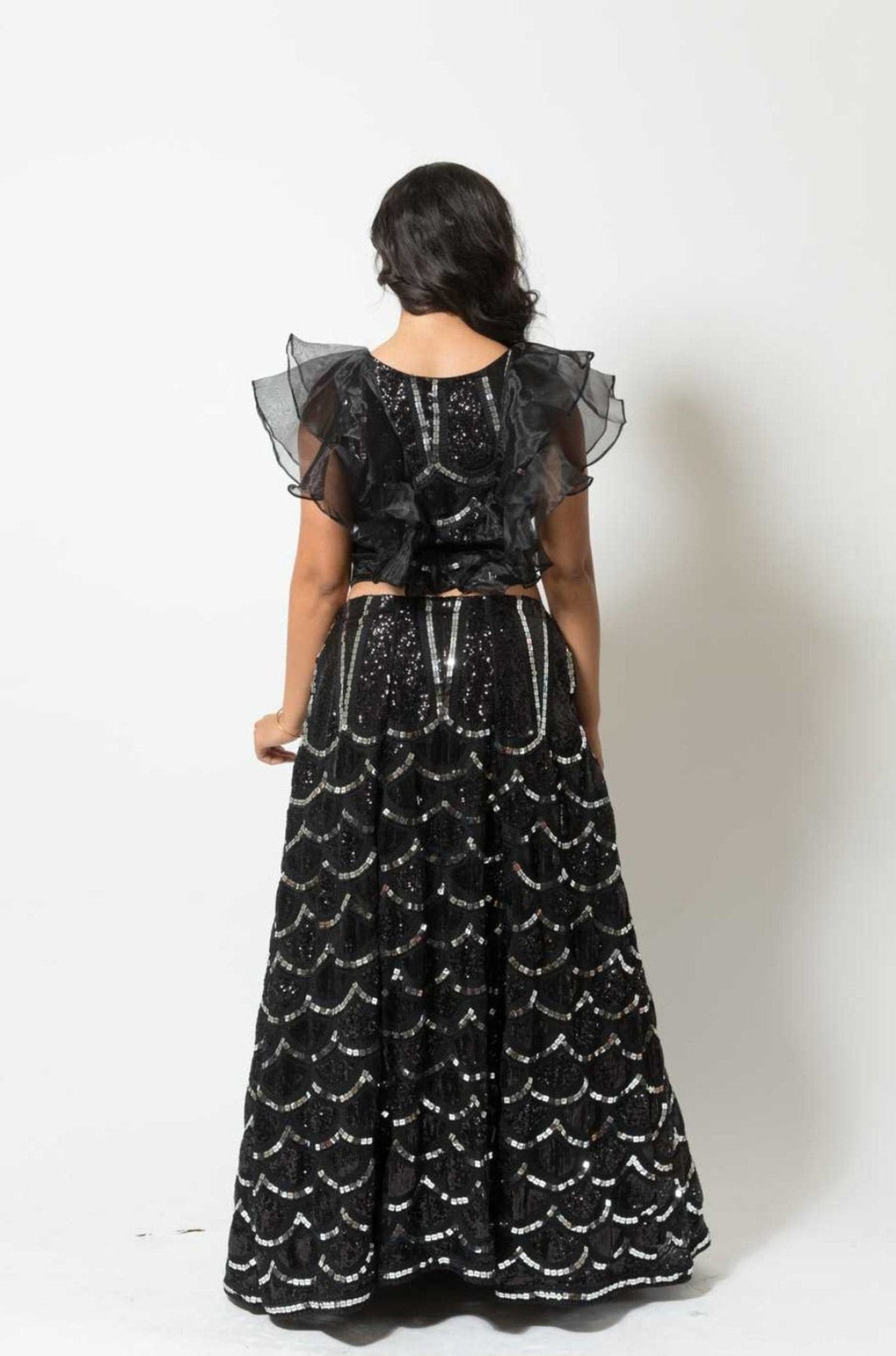 Black Fusion Lehenga with Sequin embroidery and Ruffle blouse - Anvi Couture