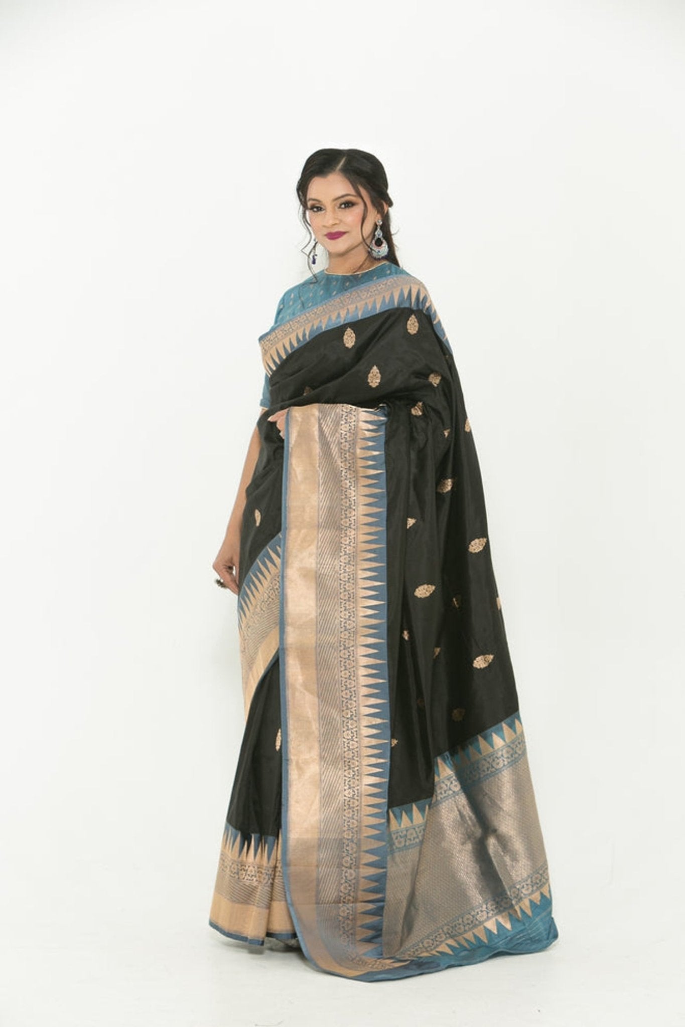Black and Grey Pure Katan Banarasi Silk Saree - Anvi Couture