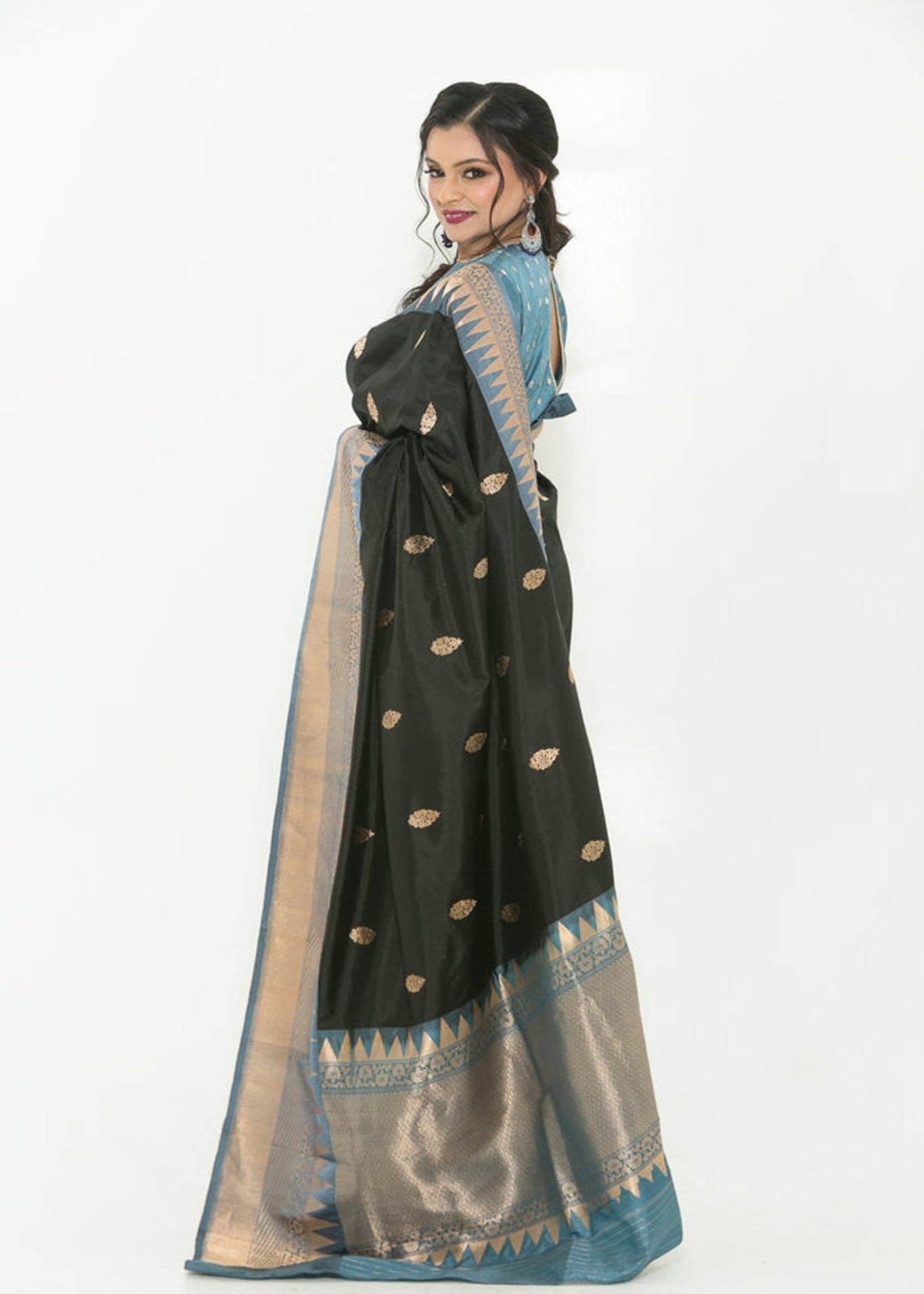 Black and Grey Pure Katan Banarasi Silk Saree - Anvi Couture