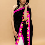 Black and White Pure Georgette Gorgeous Designer Saree with Hand painted work and Tassels on Pallu - Anvi Couture