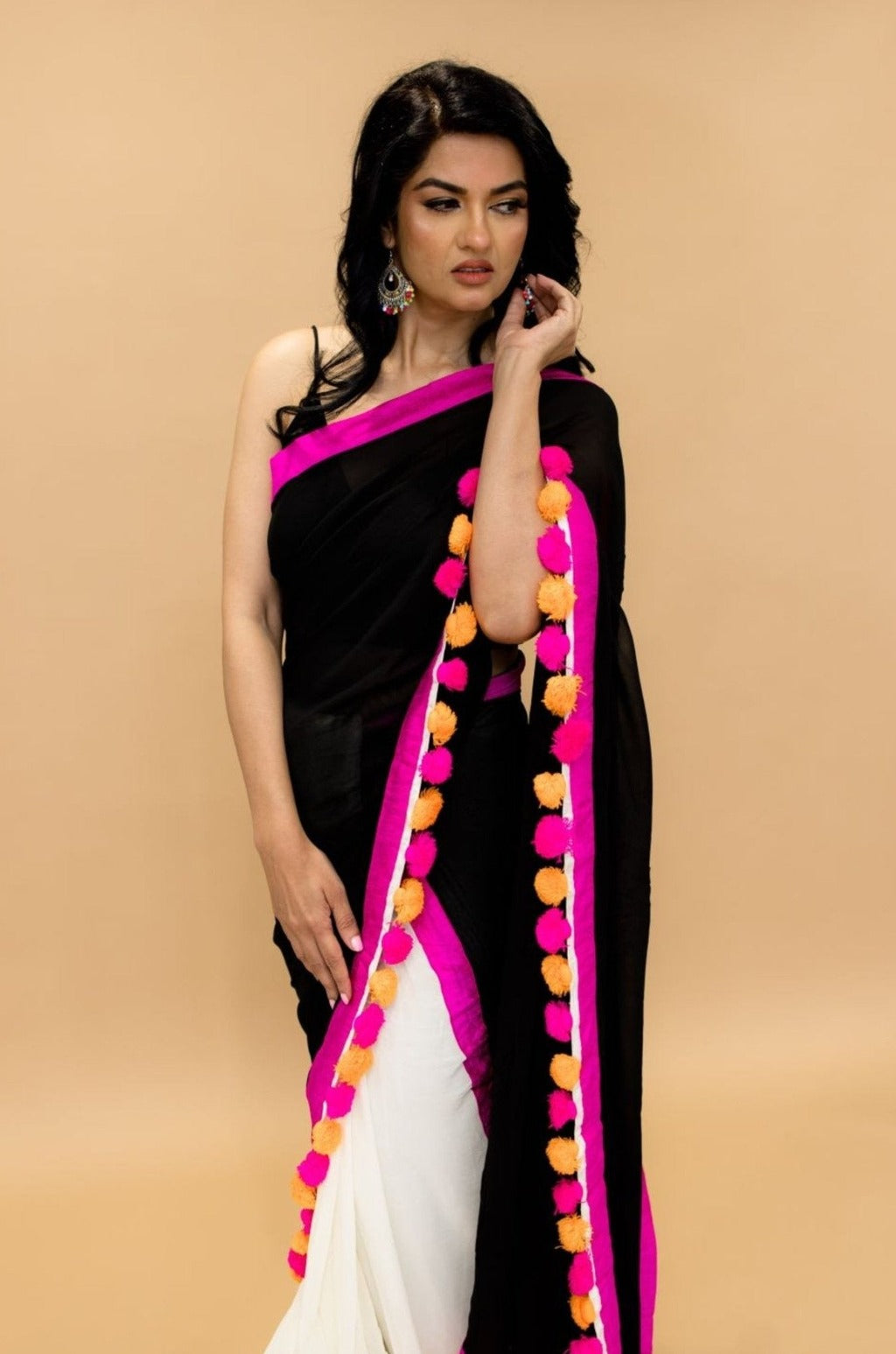 Black and White Pure Georgette Gorgeous Designer Saree with Hand painted work and Tassels on Pallu - Anvi Couture