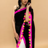 Black and White Pure Georgette Gorgeous Designer Saree with Hand painted work and Tassels on Pallu - Anvi Couture