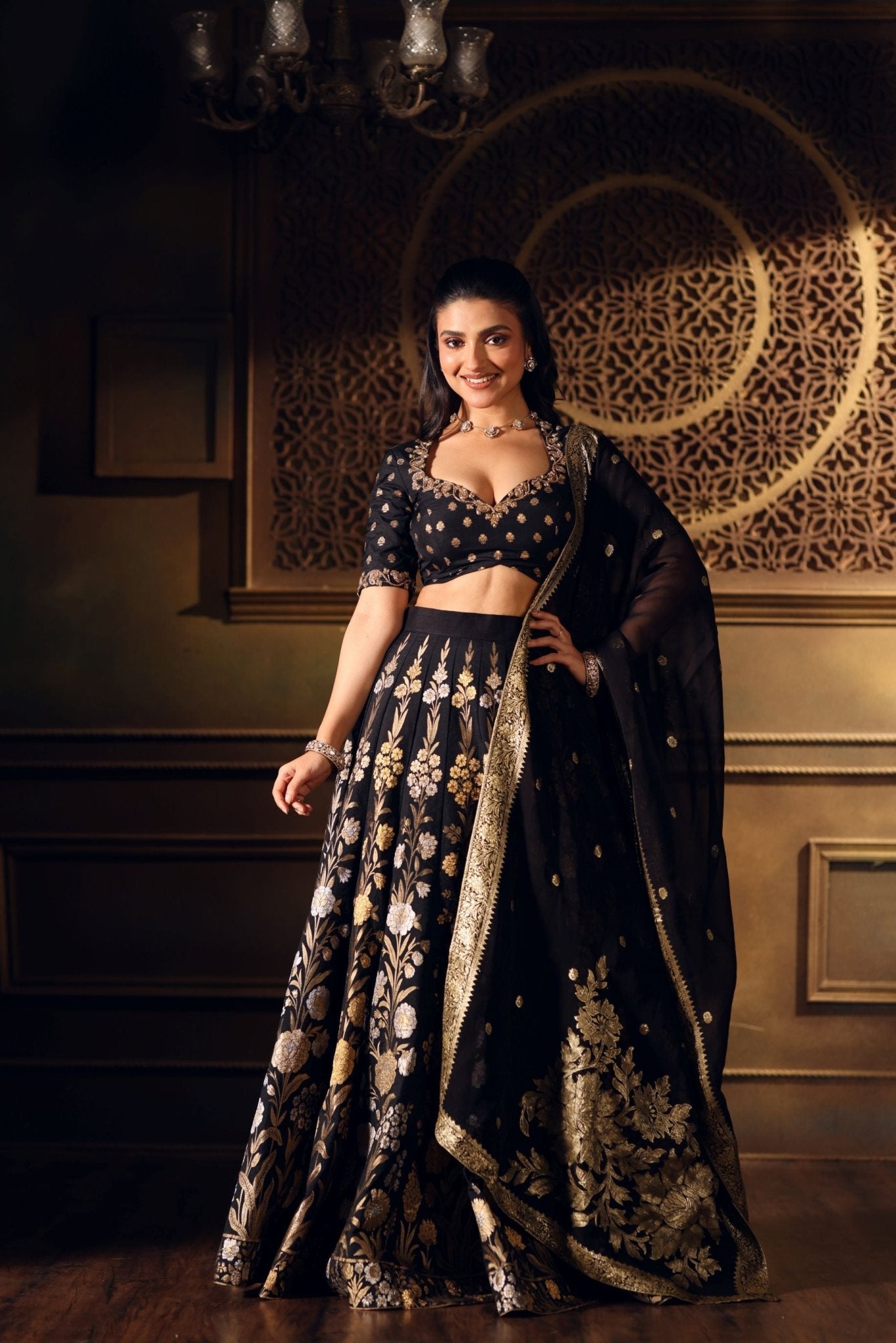 Black Banarasi Lehenga with Hand Embroidered Work - Anvi Couture - Image 1