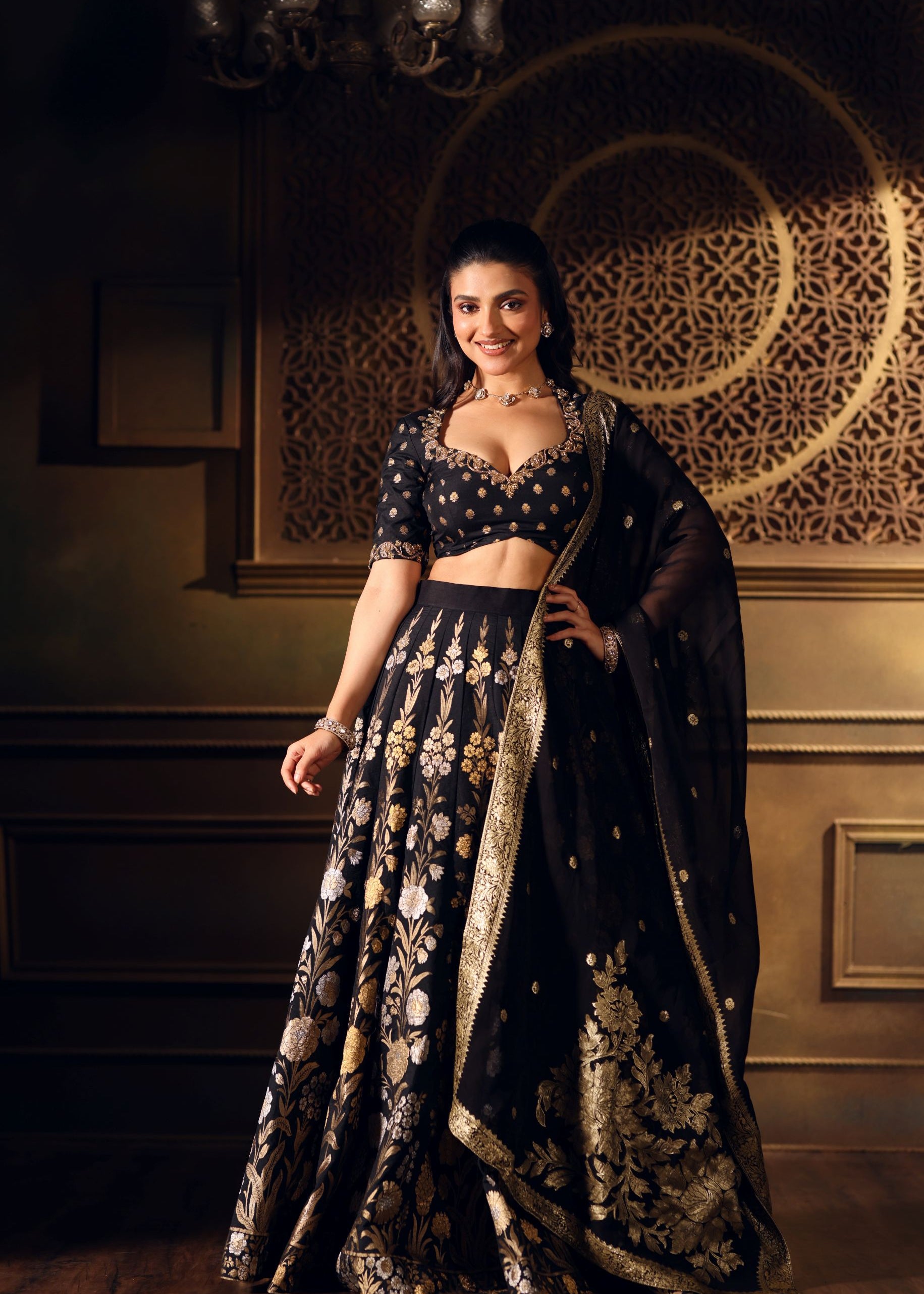 Black Banarasi Lehenga with Hand Embroidered Work full