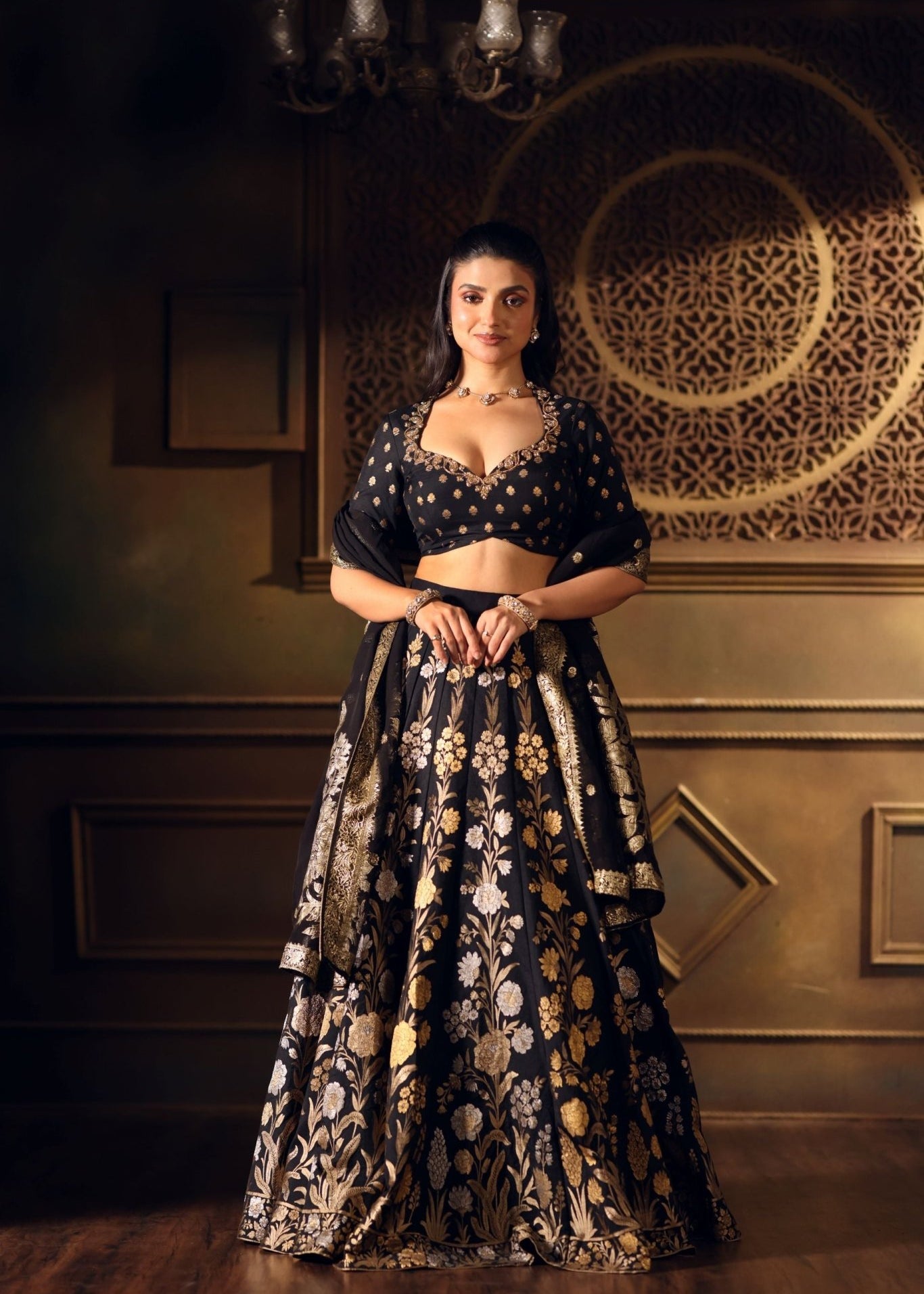 Black Banarasi Lehenga with Hand Embroidered Work - Anvi Couture
