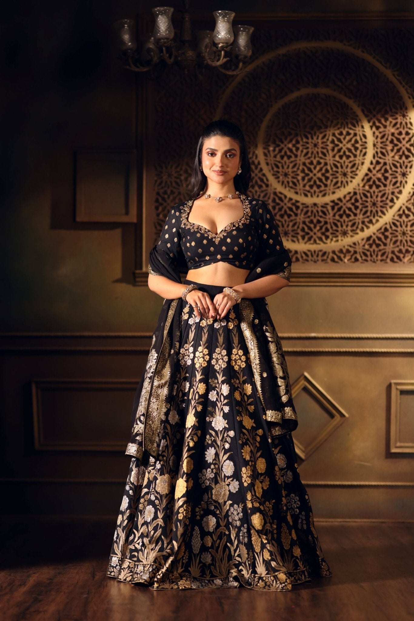 Black Banarasi Lehenga with Hand Embroidered Work - Anvi Couture - Image 2
