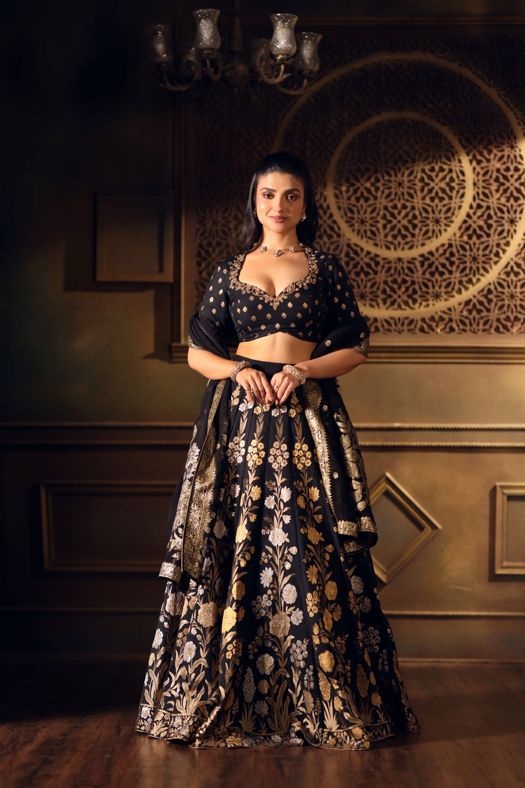 Black Banarasi Lehenga with Hand Embroidered Work front