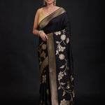 Black Banarasi Silk Saree With Golden Floral Woven full