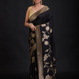 Black Banarasi Silk Saree With Golden Floral Woven full