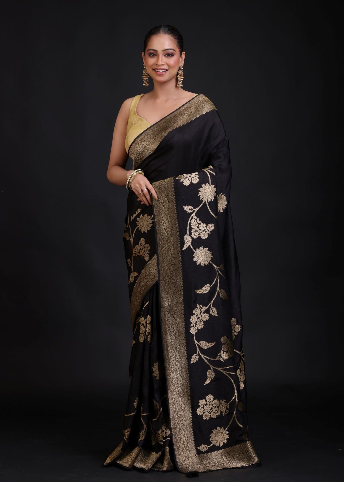 Black Banarasi Silk Saree With Golden Floral Woven - Anvi Couture