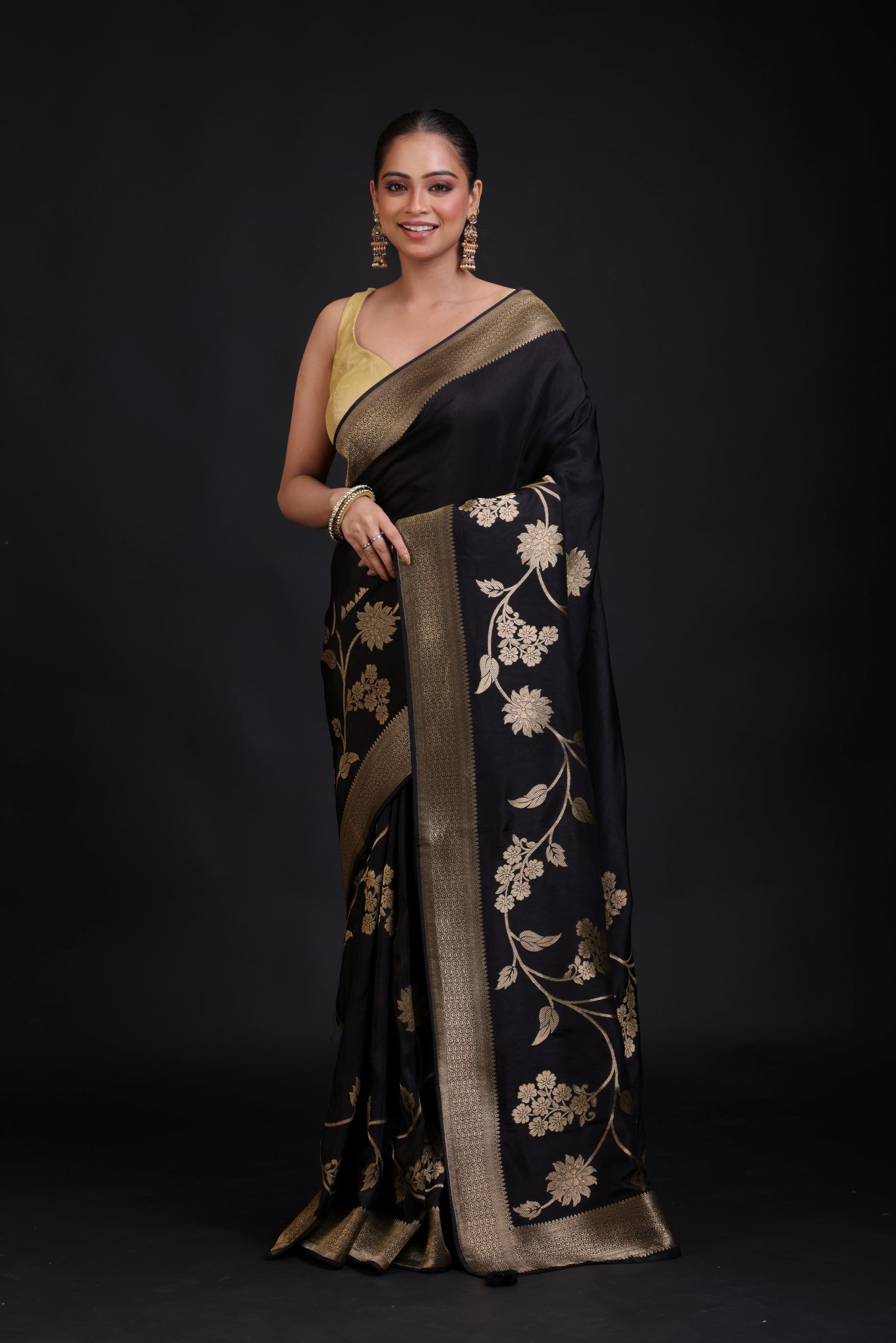 Black Banarasi Silk Saree With Golden Floral Woven full