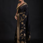 Black Banarasi Silk Saree With Golden Floral Woven front