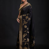Black Banarasi Silk Saree With Golden Floral Woven front