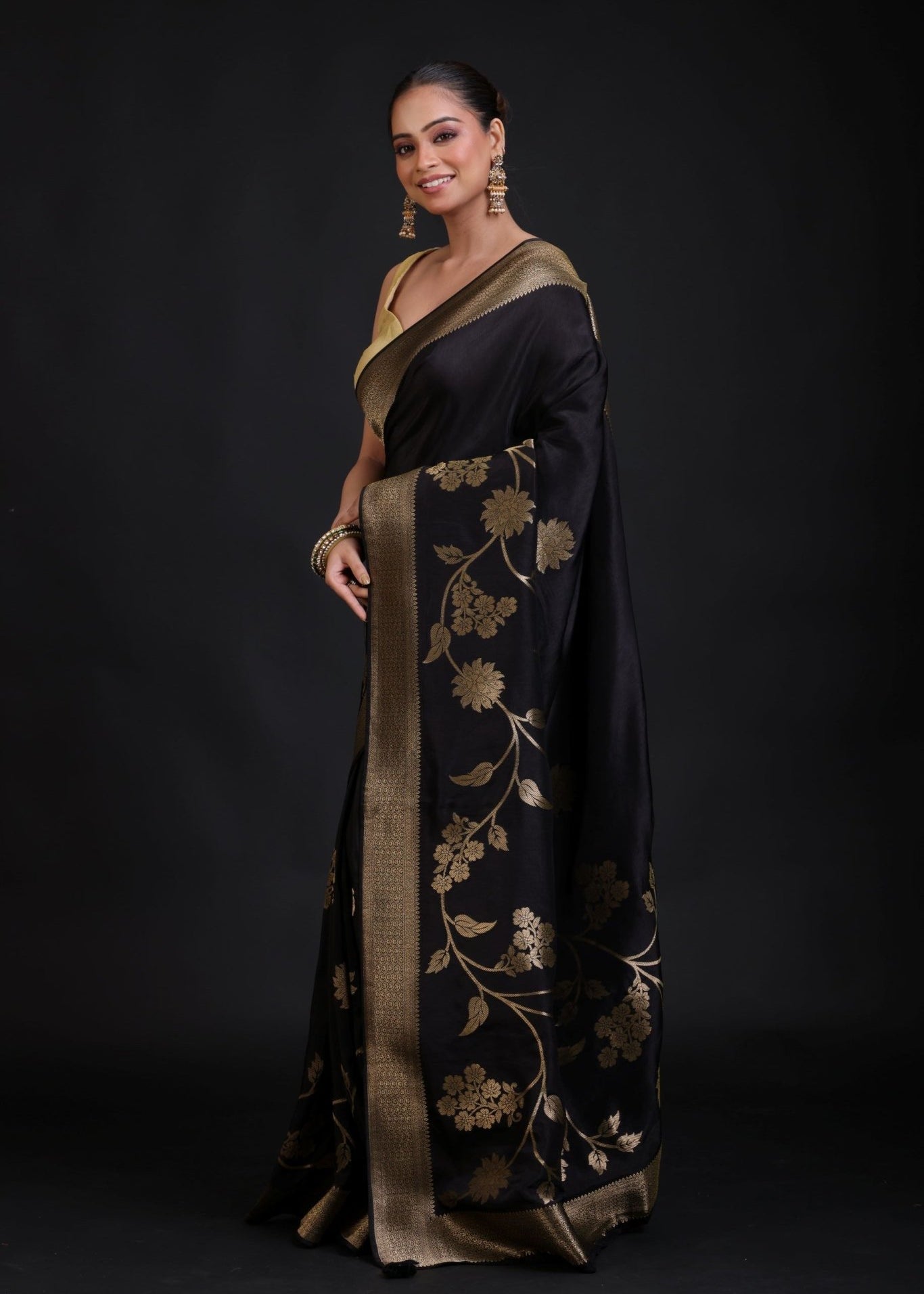 Black Banarasi Silk Saree With Golden Floral Woven - Anvi Couture
