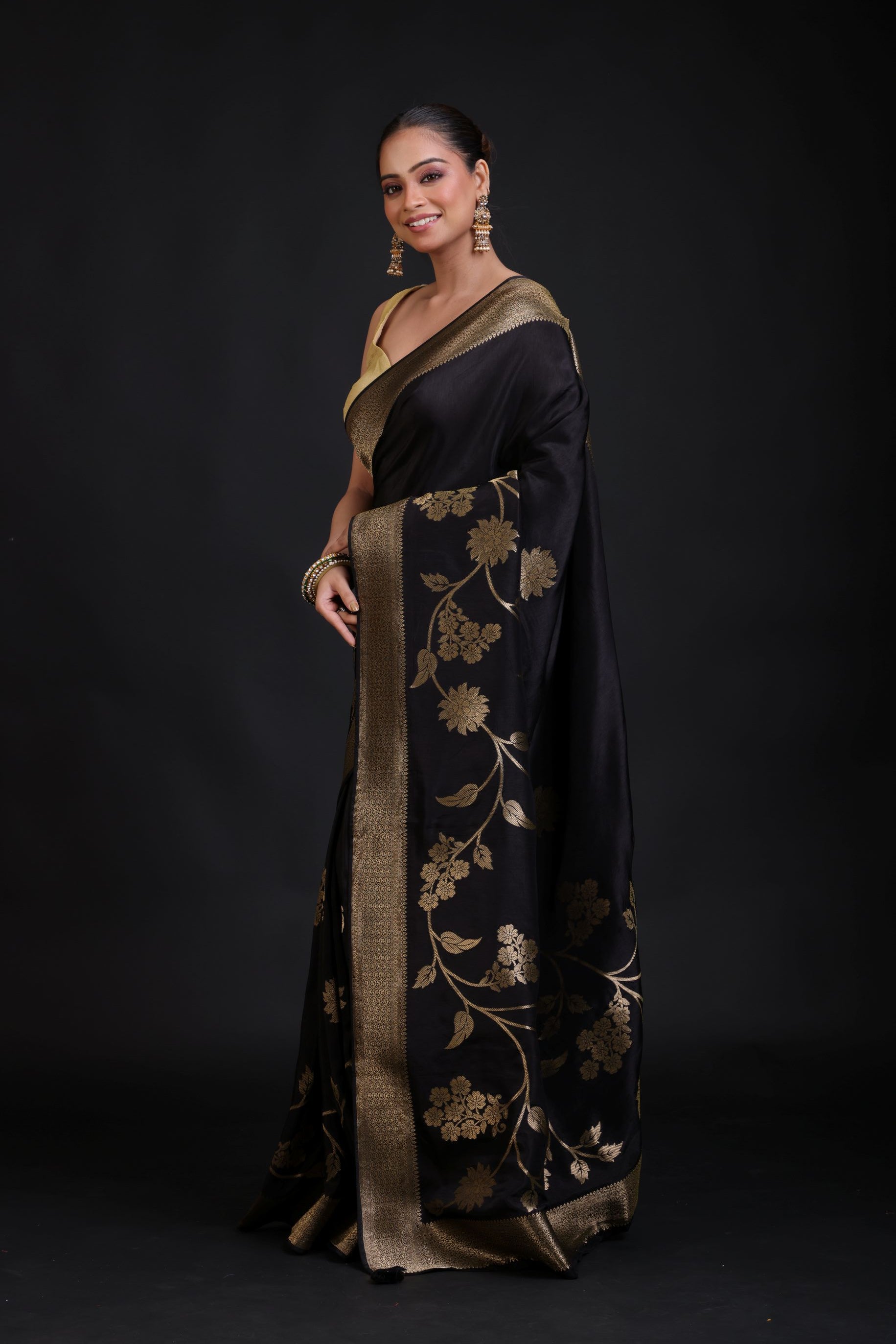 Black Banarasi Silk Saree With Golden Floral Woven front