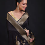 Black Banarasi Silk Saree With Golden Floral Woven close up