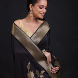 Black Banarasi Silk Saree With Golden Floral Woven close up