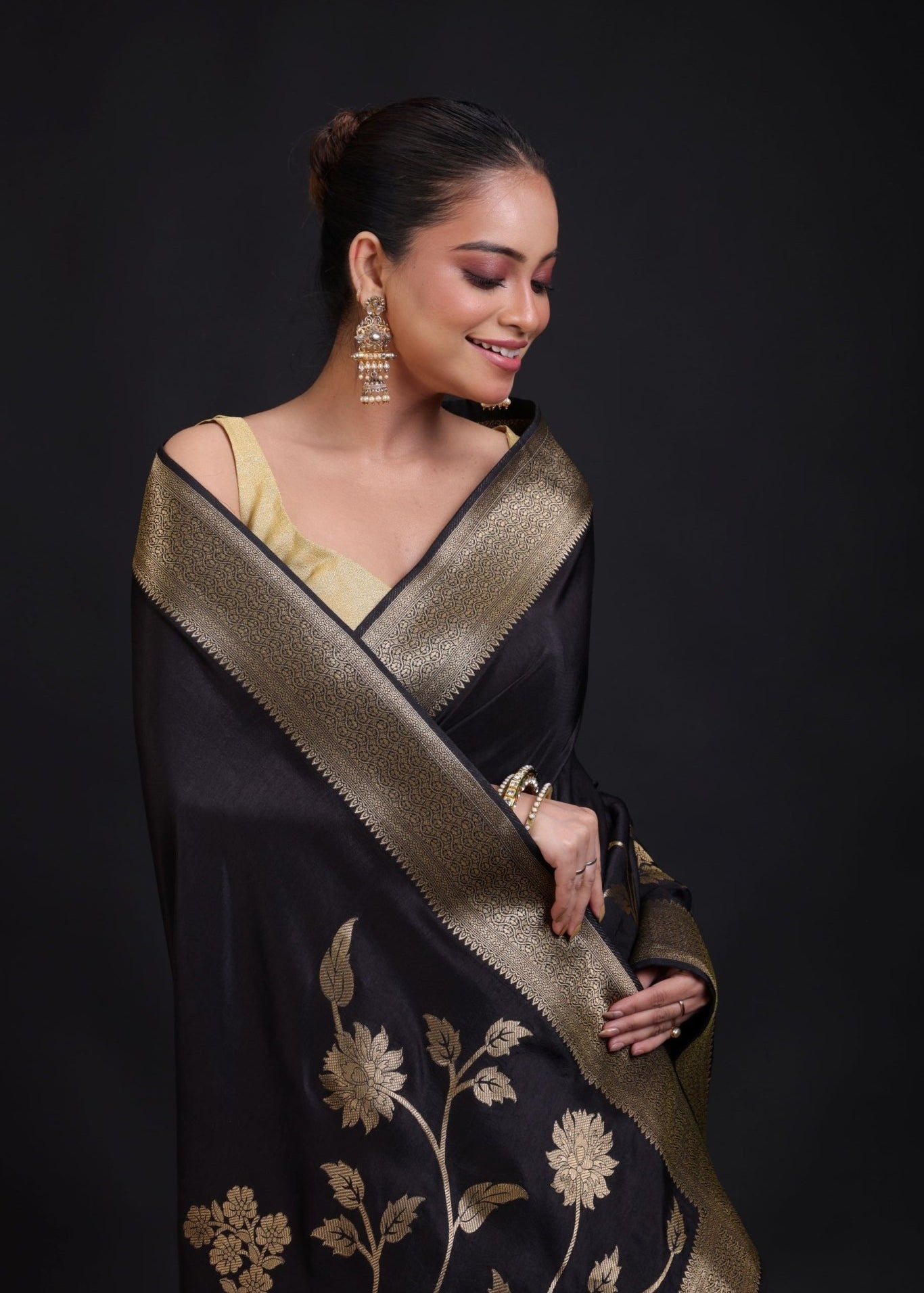 Black Banarasi Silk Saree With Golden Floral Woven - Anvi Couture