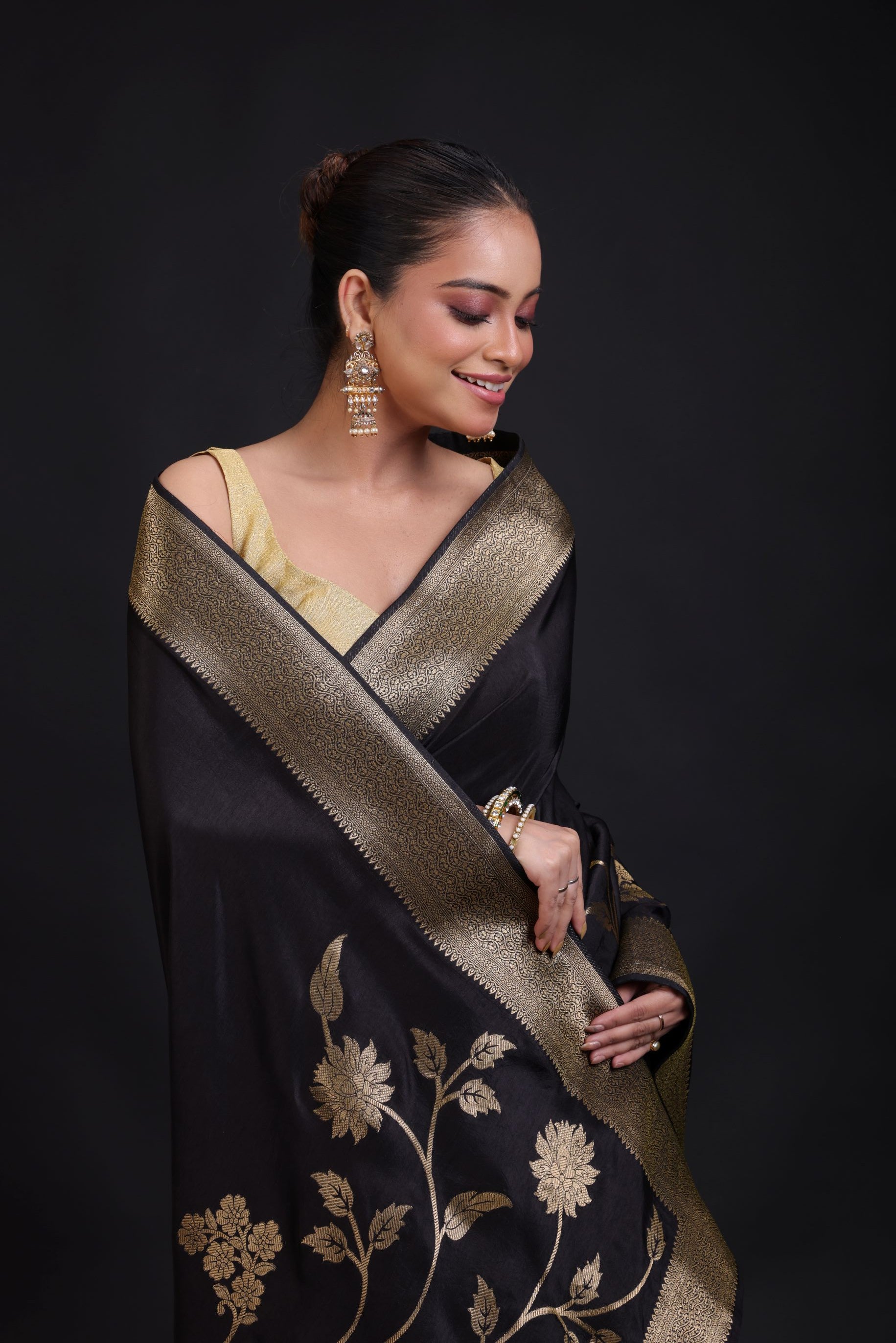 Black Banarasi Silk Saree With Golden Floral Woven close up