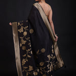 Black Banarasi Silk Saree With Golden Floral Woven back
