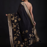 Black Banarasi Silk Saree With Golden Floral Woven back