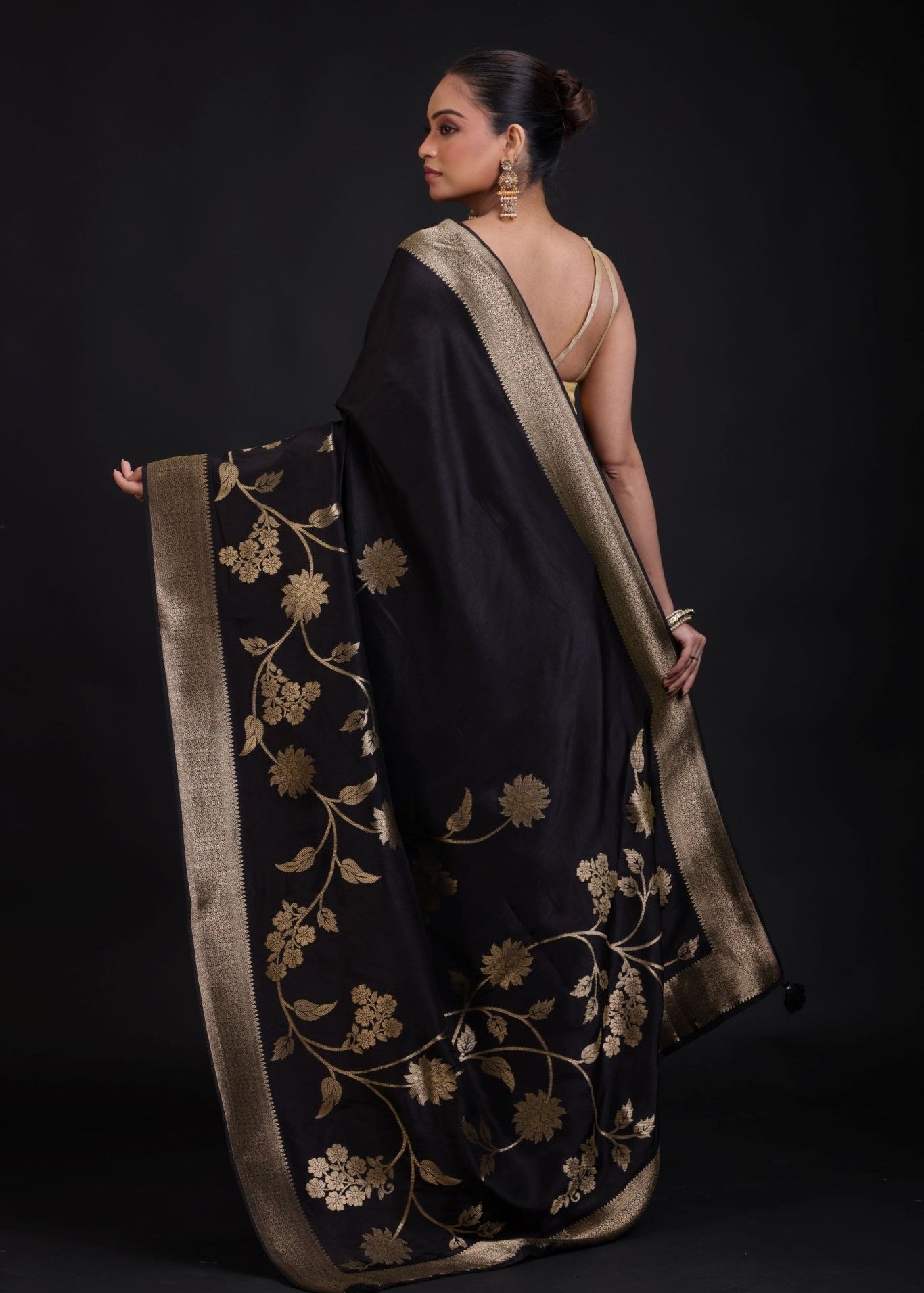 Black Banarasi Silk Saree With Golden Floral Woven - Anvi Couture