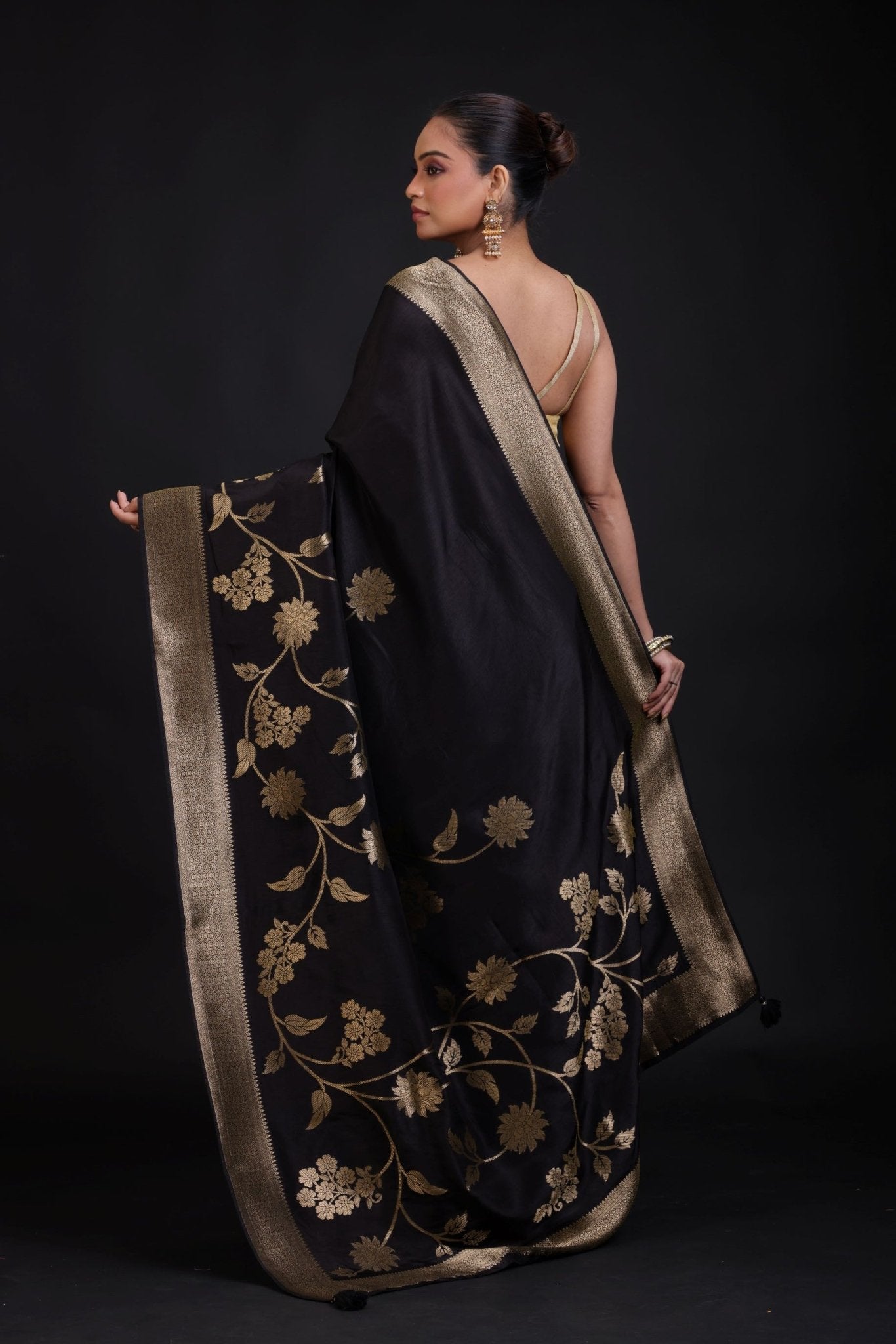 Black Banarasi Silk Saree With Golden Floral Woven - Anvi Couture
