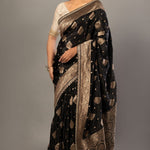 Black Banarsi Saree with Golden Floral Weaved and Embroidered Border - Anvi Couture