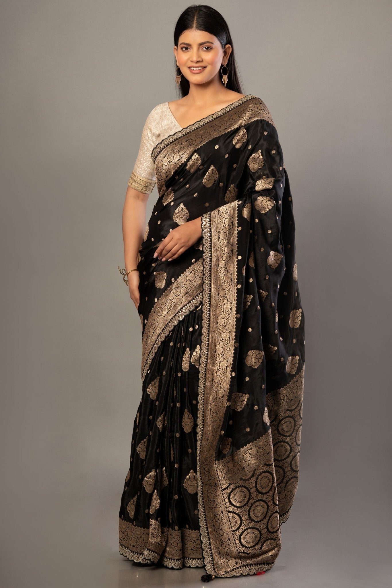Black Banarsi Saree with Golden Floral Weaved and Embroidered Border - Anvi Couture