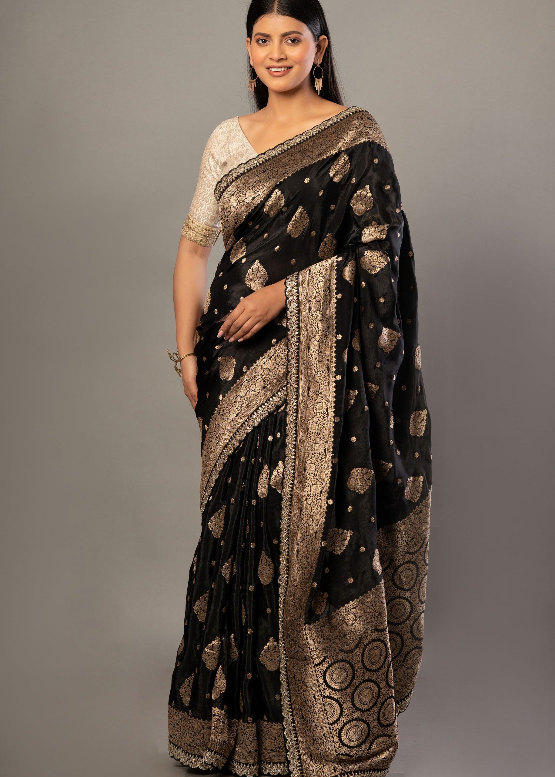 Black Banarsi Saree with Golden Floral Weaved and Embroidered Border Full
