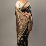 Black Banarsi Saree with Golden Floral Weaved and Embroidered Border - Anvi Couture
