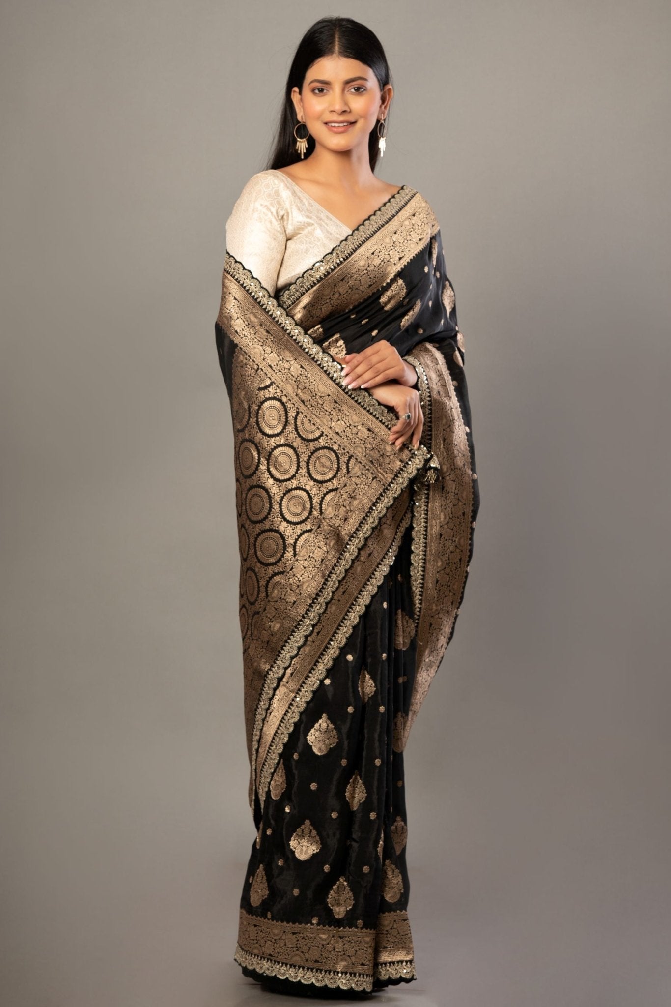 Black Banarsi Saree with Golden Floral Weaved and Embroidered Border - Anvi Couture