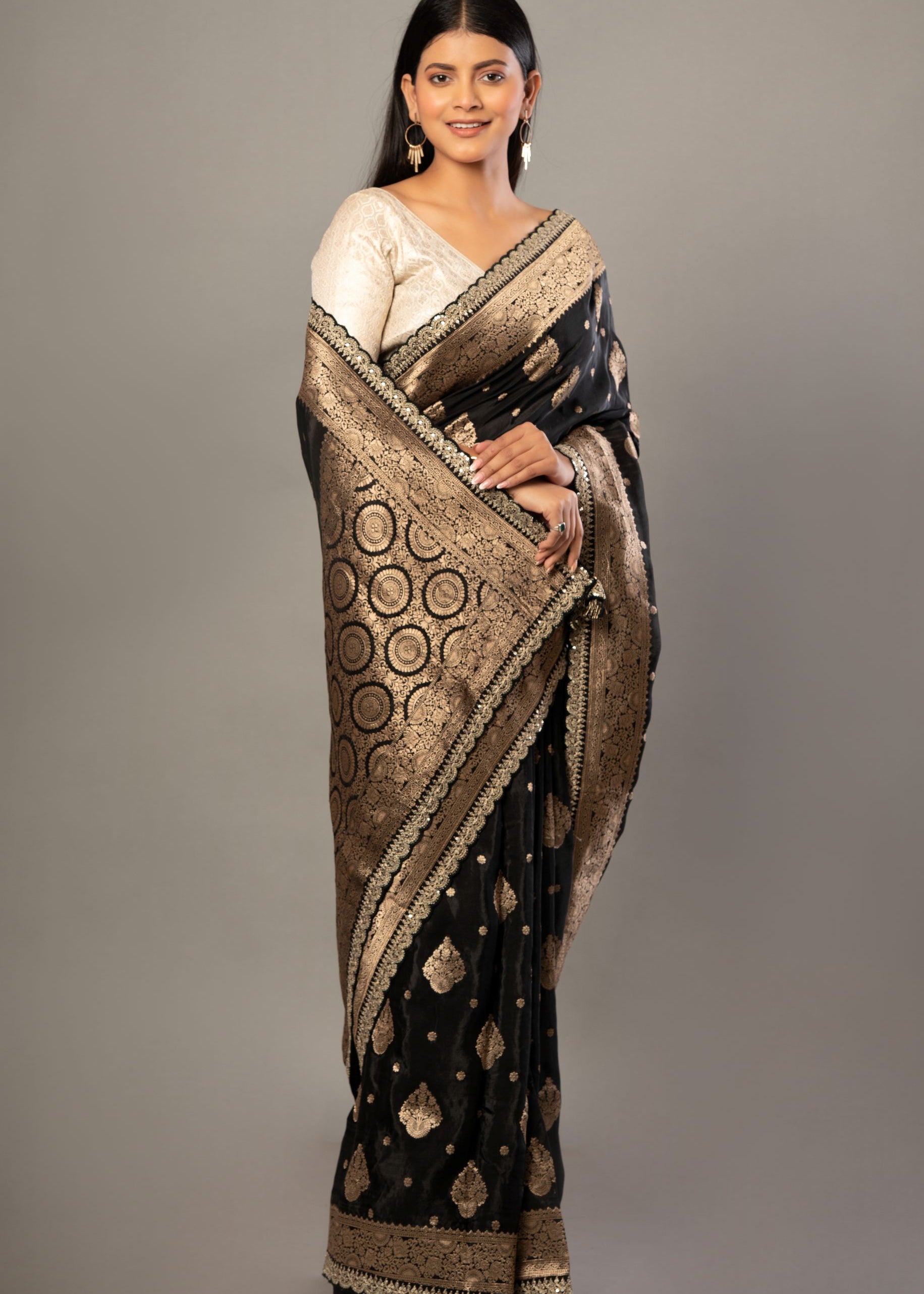 Black Banarsi Saree with Golden Floral Weaved and Embroidered Border Front
