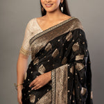 Black Banarsi Saree with Golden Floral Weaved and Embroidered Border - Anvi Couture