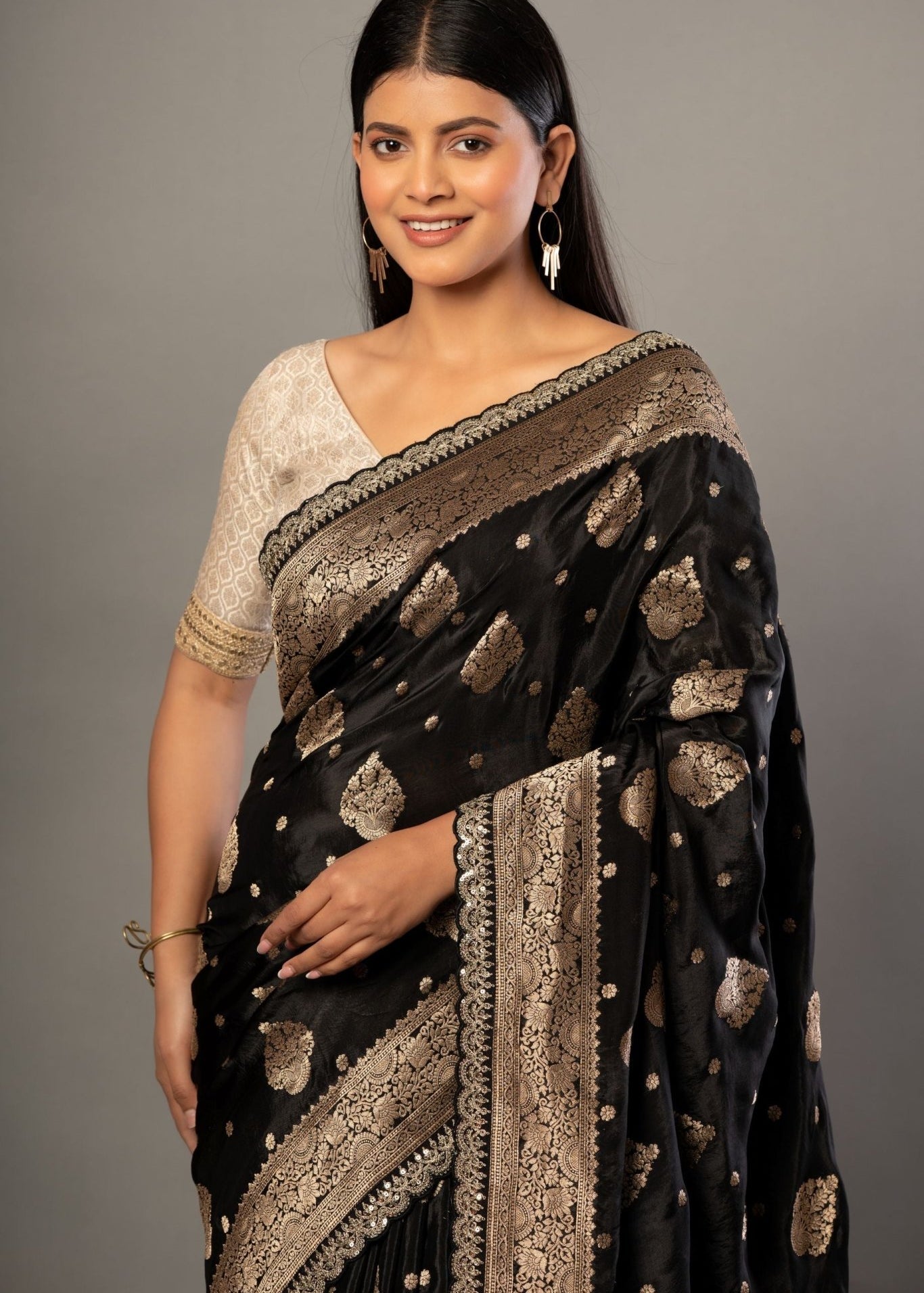 Black Banarsi Saree with Golden Floral Weaved and Embroidered Border - Anvi Couture