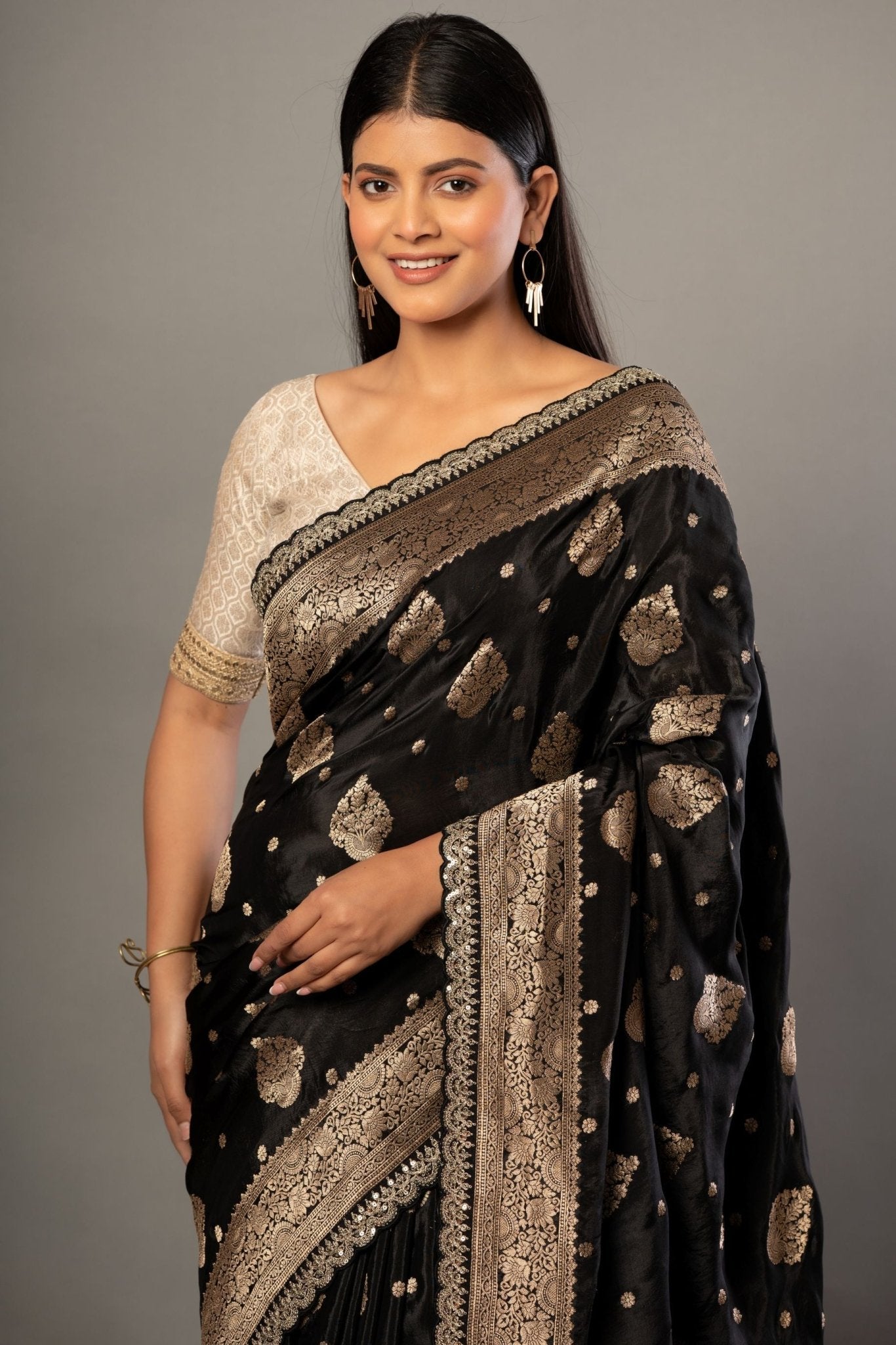 Black Banarsi Saree with Golden Floral Weaved and Embroidered Border - Anvi Couture