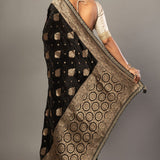 Black Banarsi Saree with Golden Floral Weaved and Embroidered Border - Anvi Couture