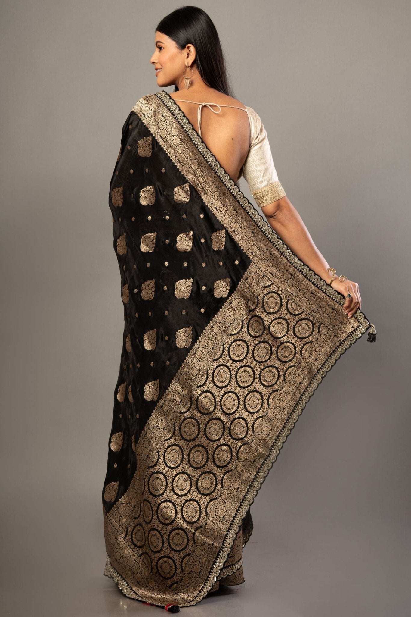 Black Banarsi Saree with Golden Floral Weaved and Embroidered Border - Anvi Couture