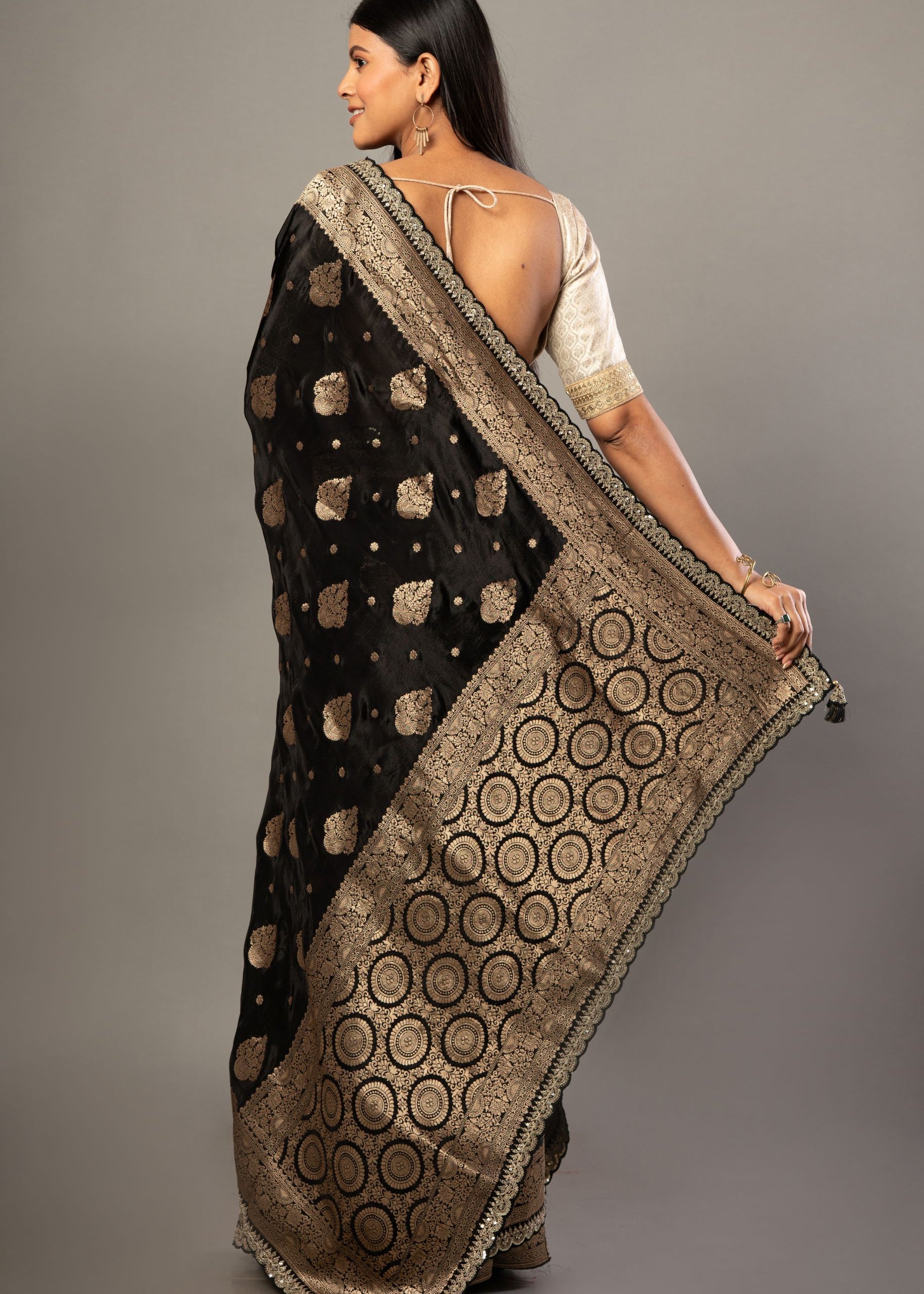 Black Banarsi Saree with Golden Floral Weaved and Embroidered Border Back
