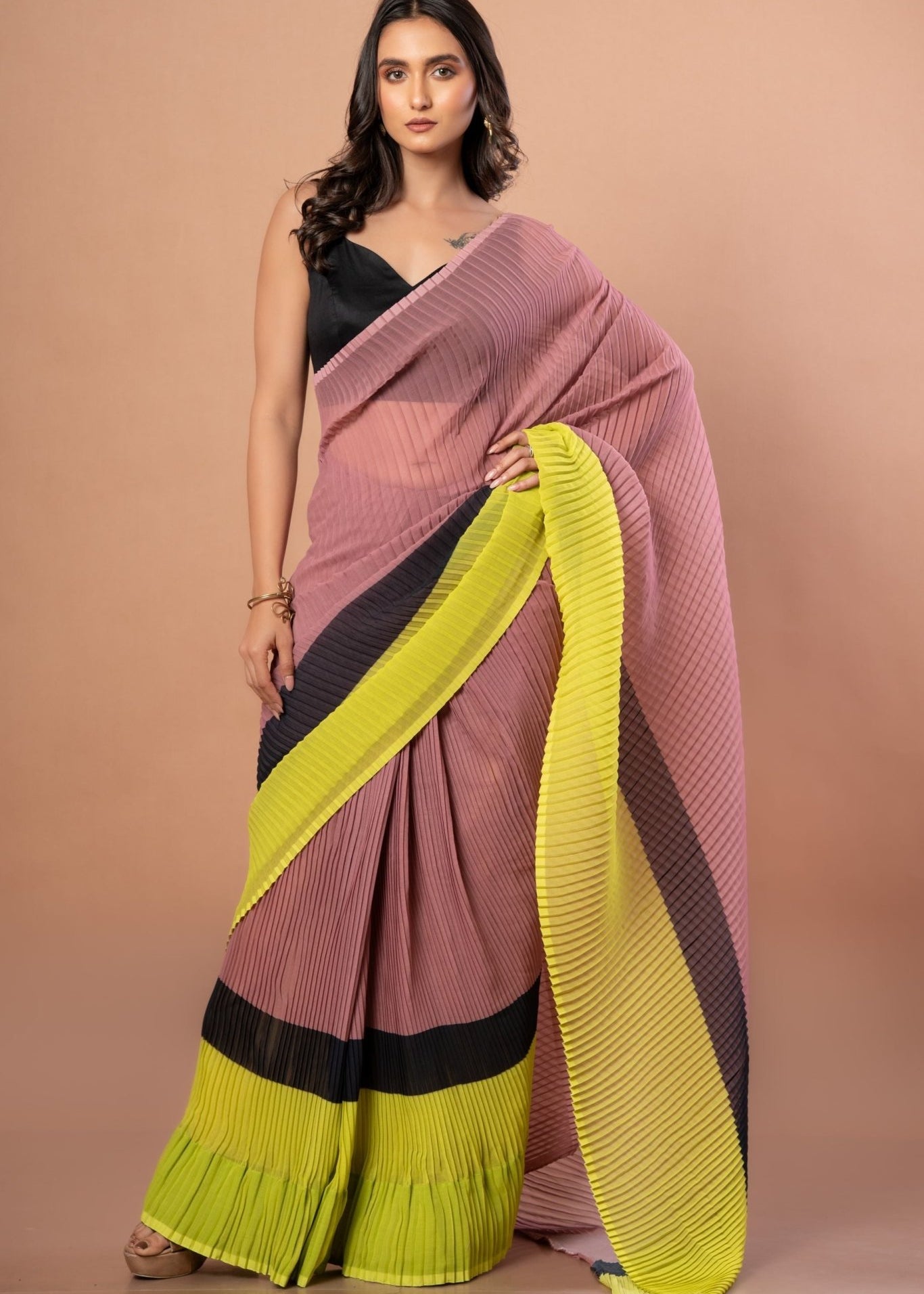 Black, Brown and Green Pleated Pure Georgette Saree - Anvi Couture