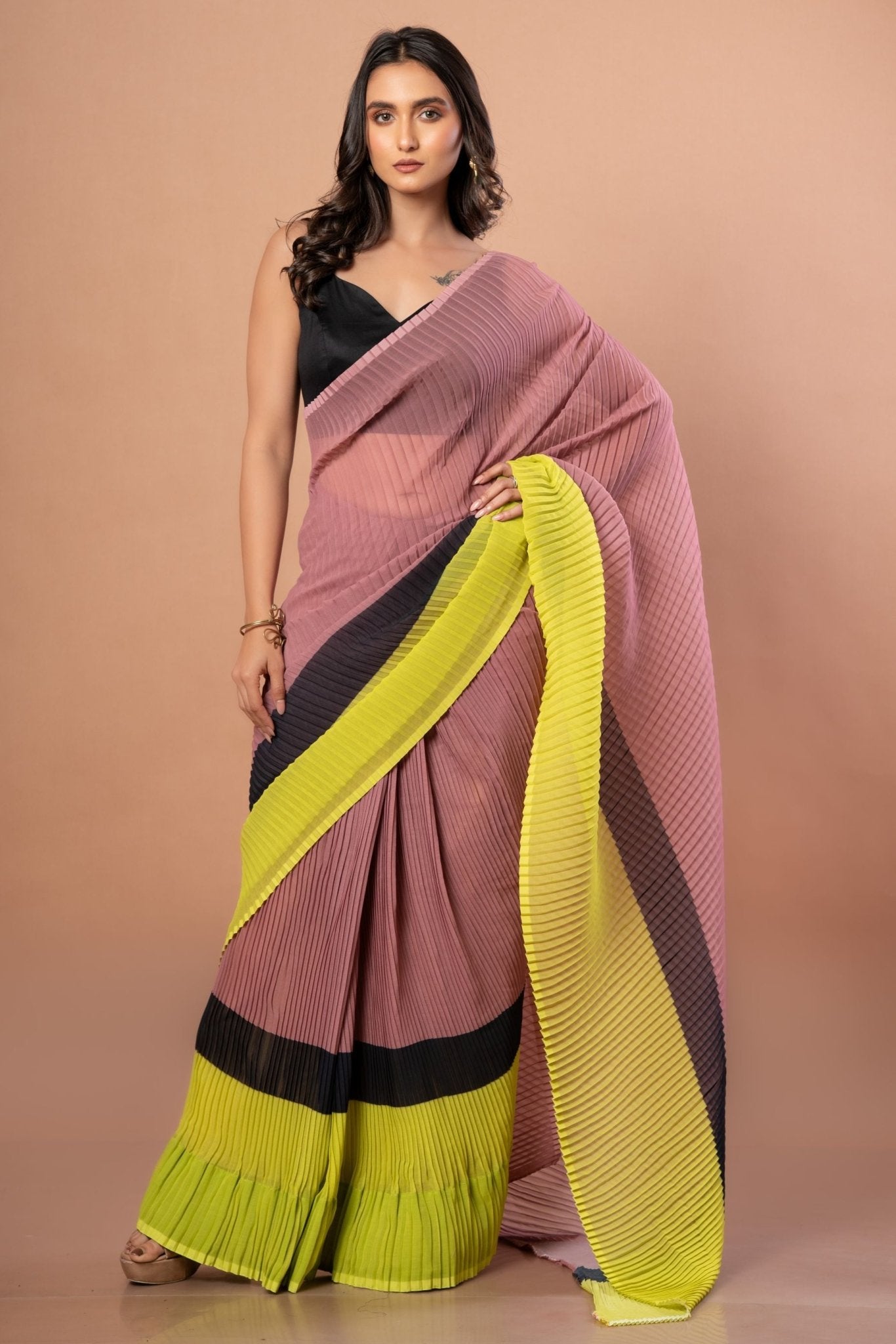 Black, Brown and Green Pleated Pure Georgette Saree - Anvi Couture