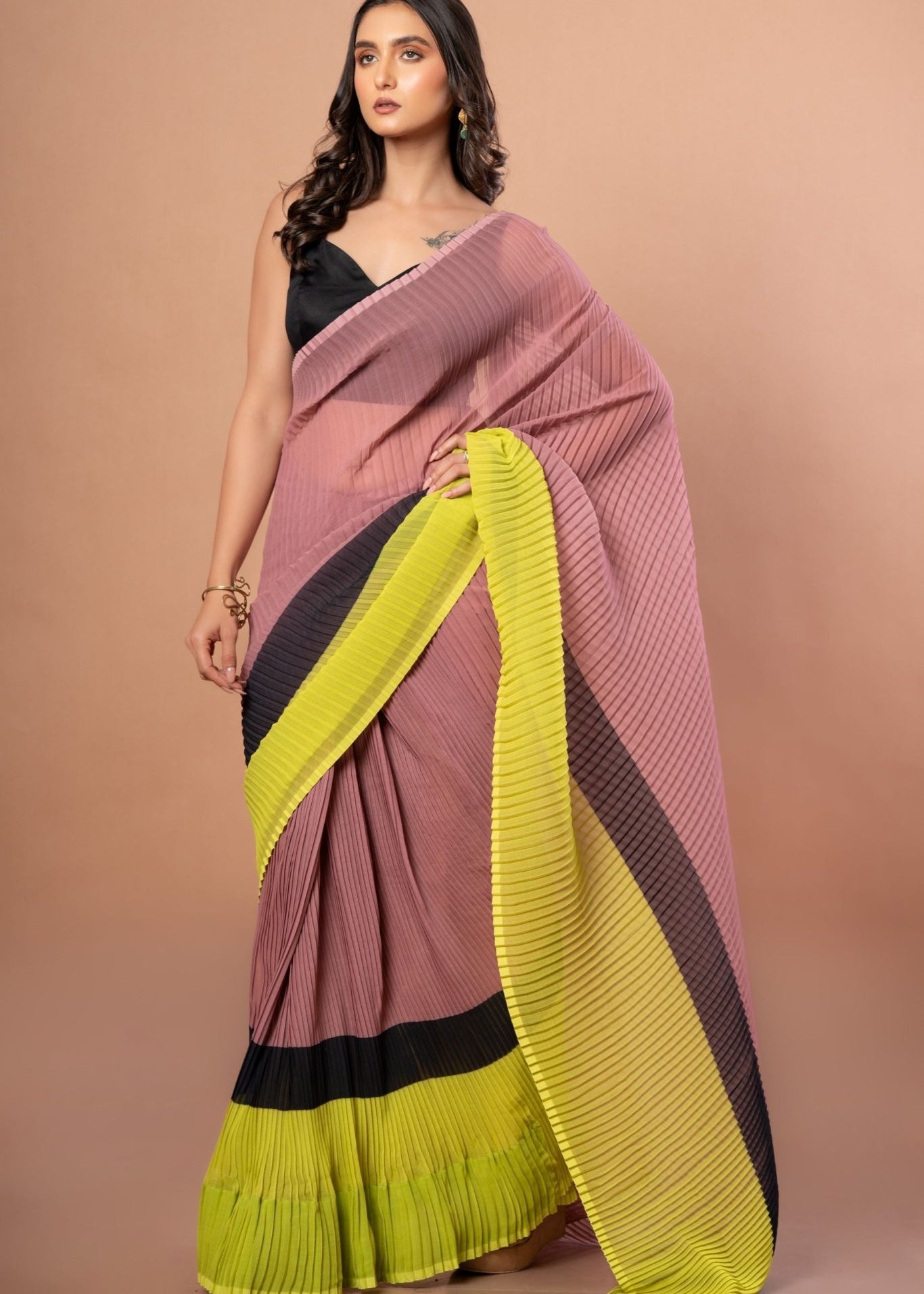 Black, Brown and Green Pleated Pure Georgette Saree - Anvi Couture