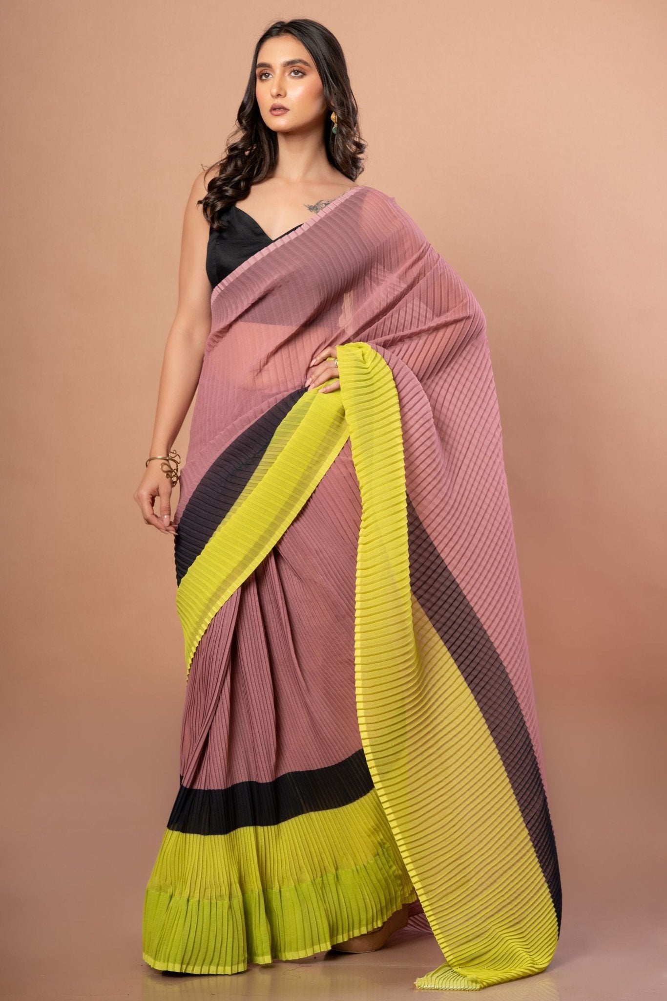 Black, Brown and Green Pleated Pure Georgette Saree - Anvi Couture