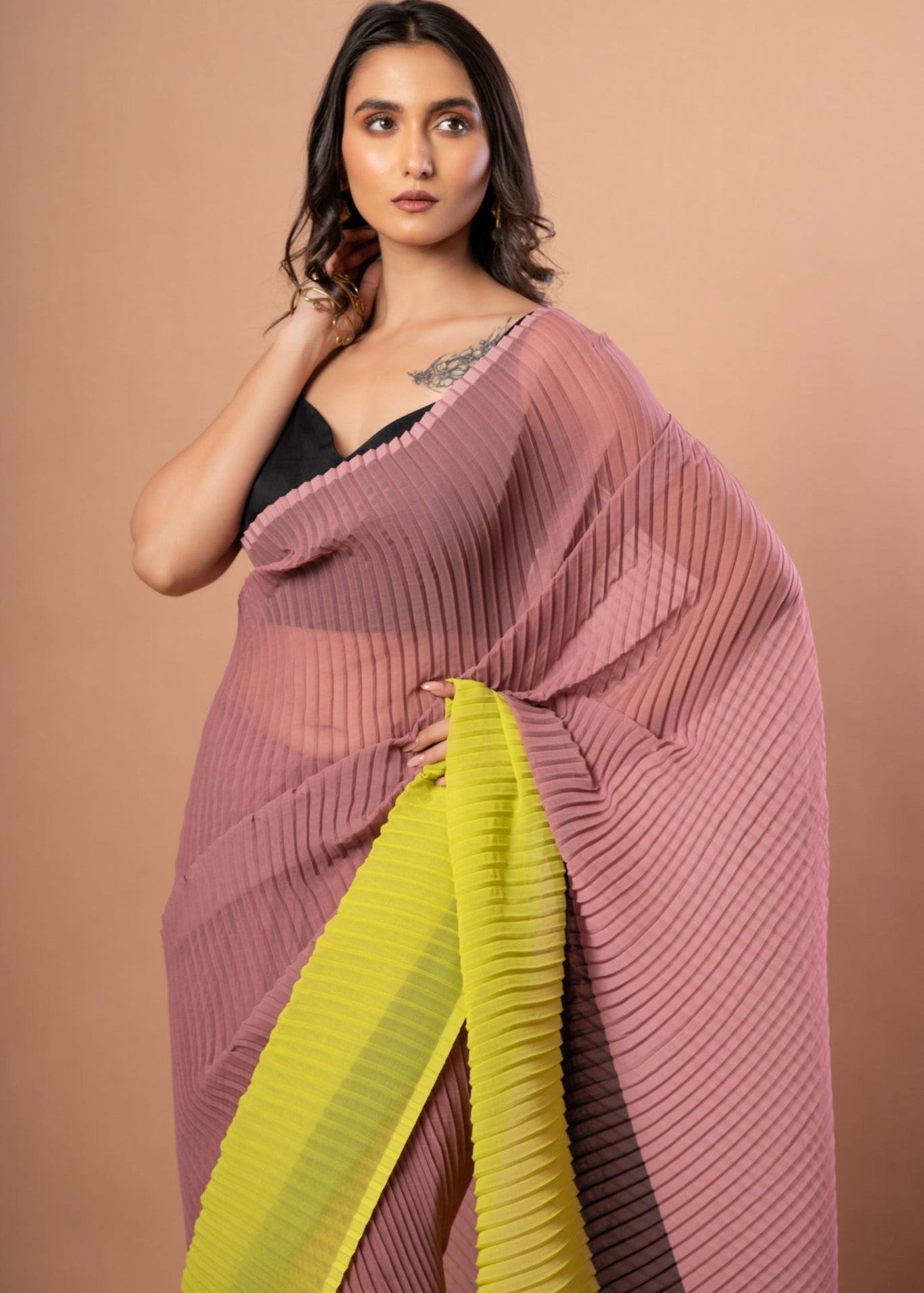 Black, Brown and Green Pleated Pure Georgette Saree - Anvi Couture