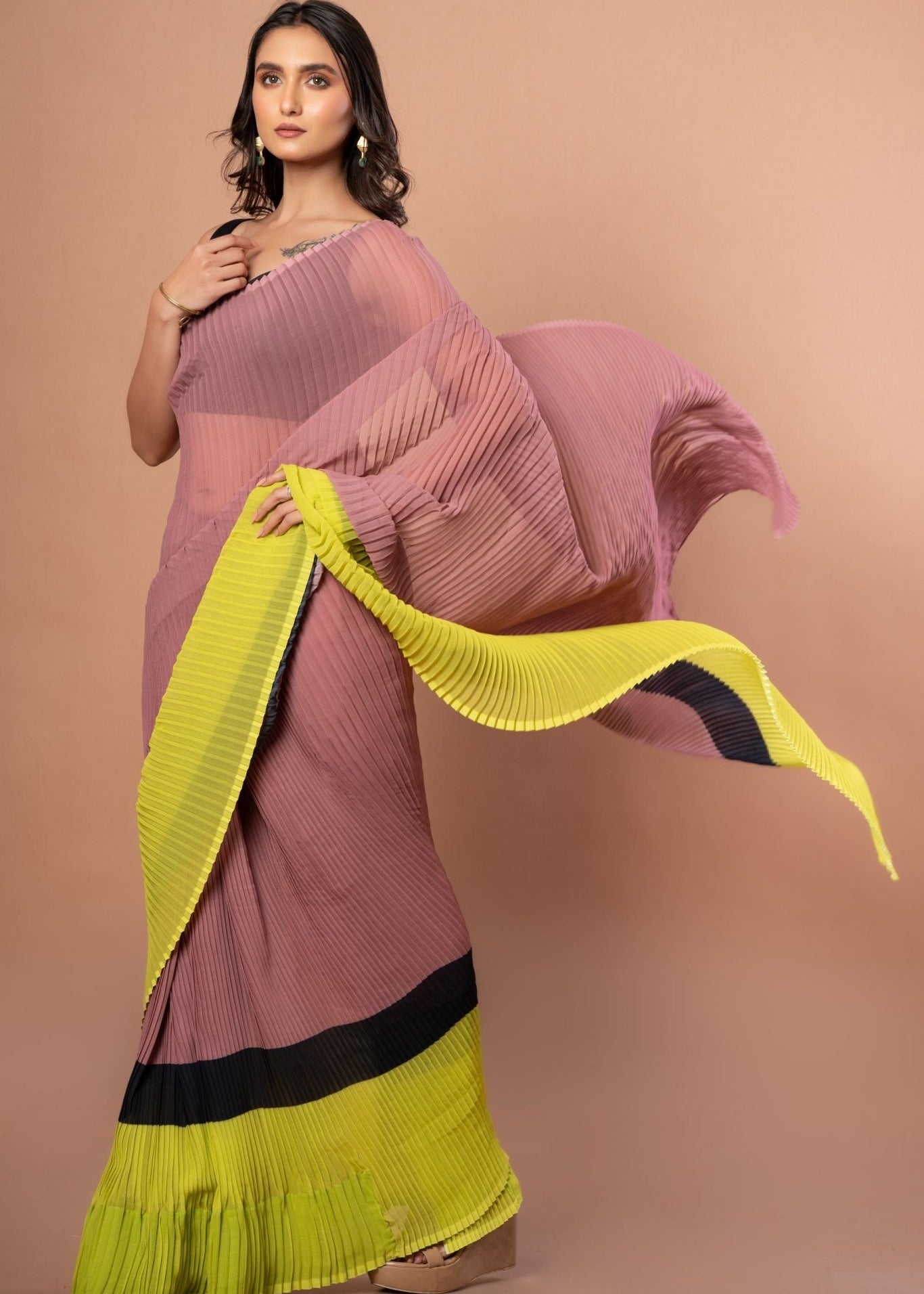 Black, Brown and Green Pleated Pure Georgette Saree - Anvi Couture