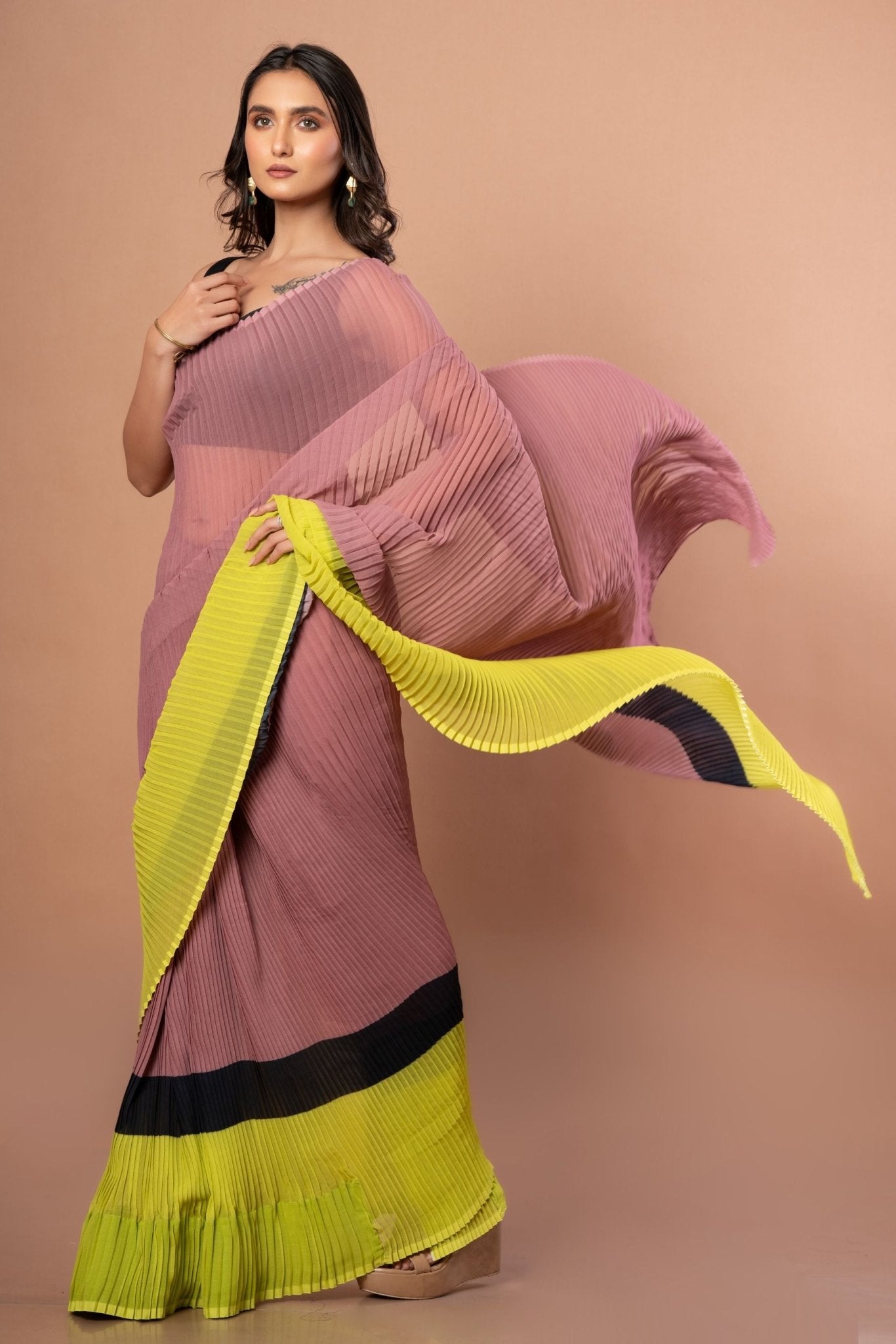 Black, Brown and Green Pleated Pure Georgette Saree - Anvi Couture