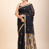 Black Chanderi Silk Cotton Jamdani Saree - Anvi Couture