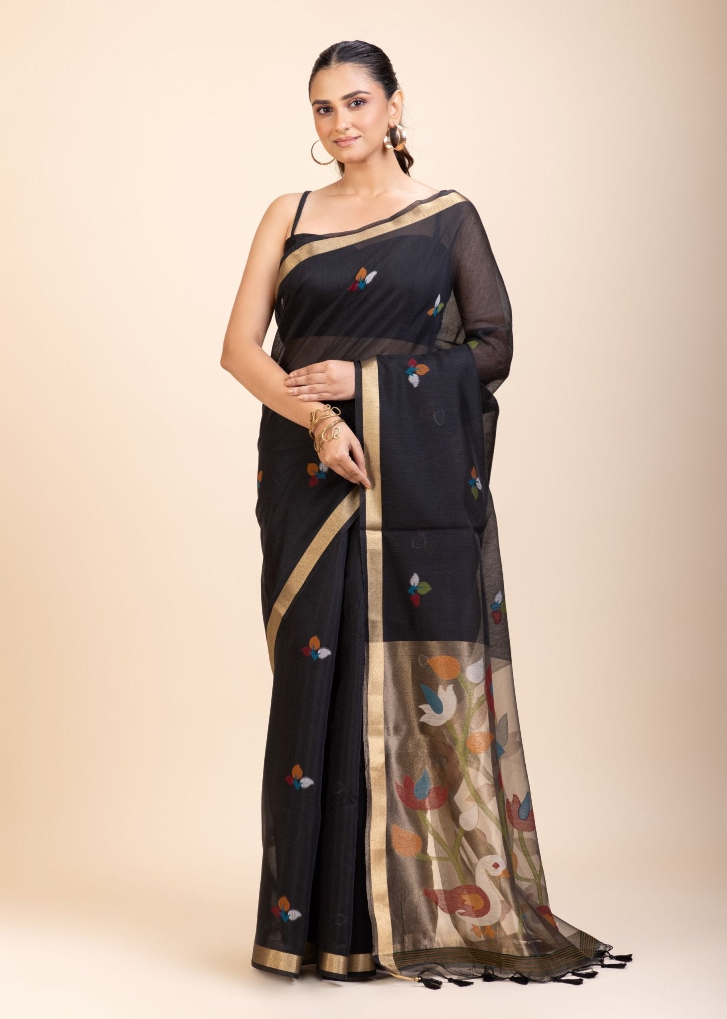 Black Chanderi Silk Cotton Jamdani Saree - Anvi Couture