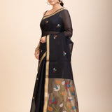 Black Chanderi Silk Cotton Jamdani Saree - Anvi Couture