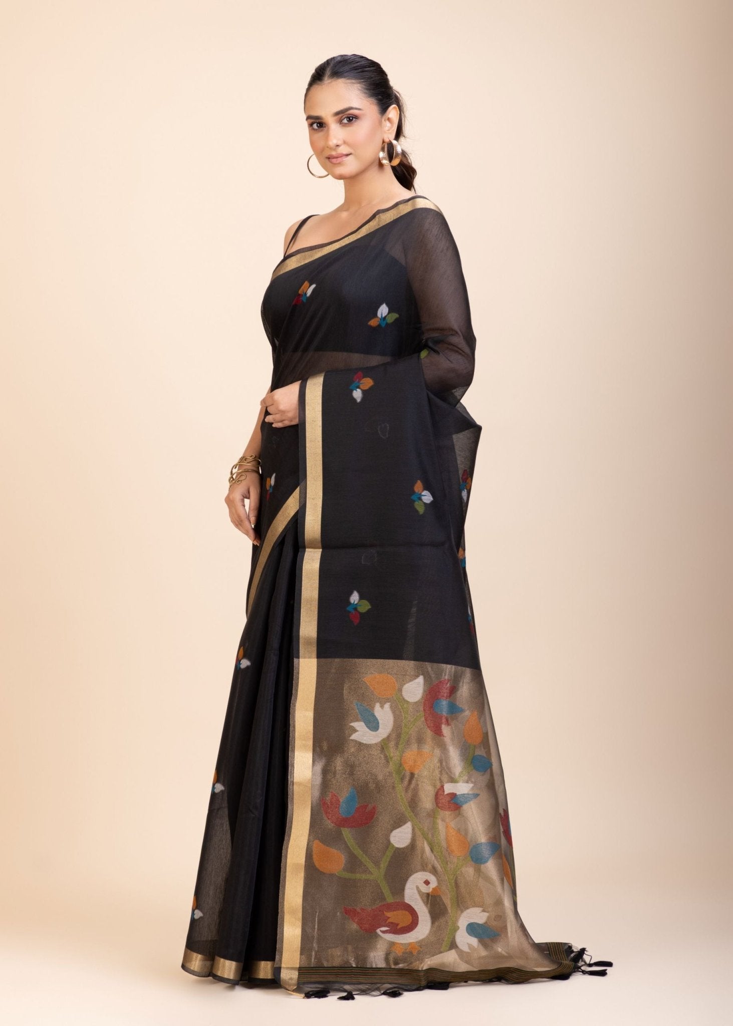 Black Chanderi Silk Cotton Jamdani Saree - Anvi Couture